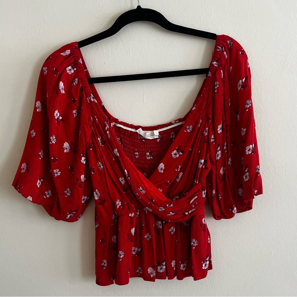 All In Favor Womens Orange Floral Faux Wrap Elastic Puff Sleeve Crop Top